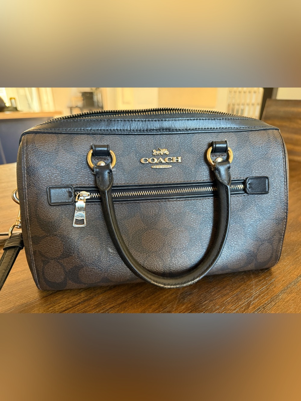 Coach Rowan Satchel Brown Black Signature Canvas Leather Bag F83607